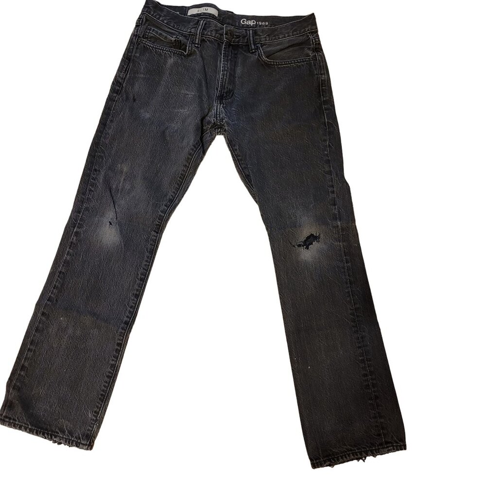 Gap 1969 Mens Size 30x30 Jean Slim Fit Black Stonewash Distressed Denim